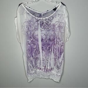 Vanity Sheer Elegant Light Purple Floral Print Top XL